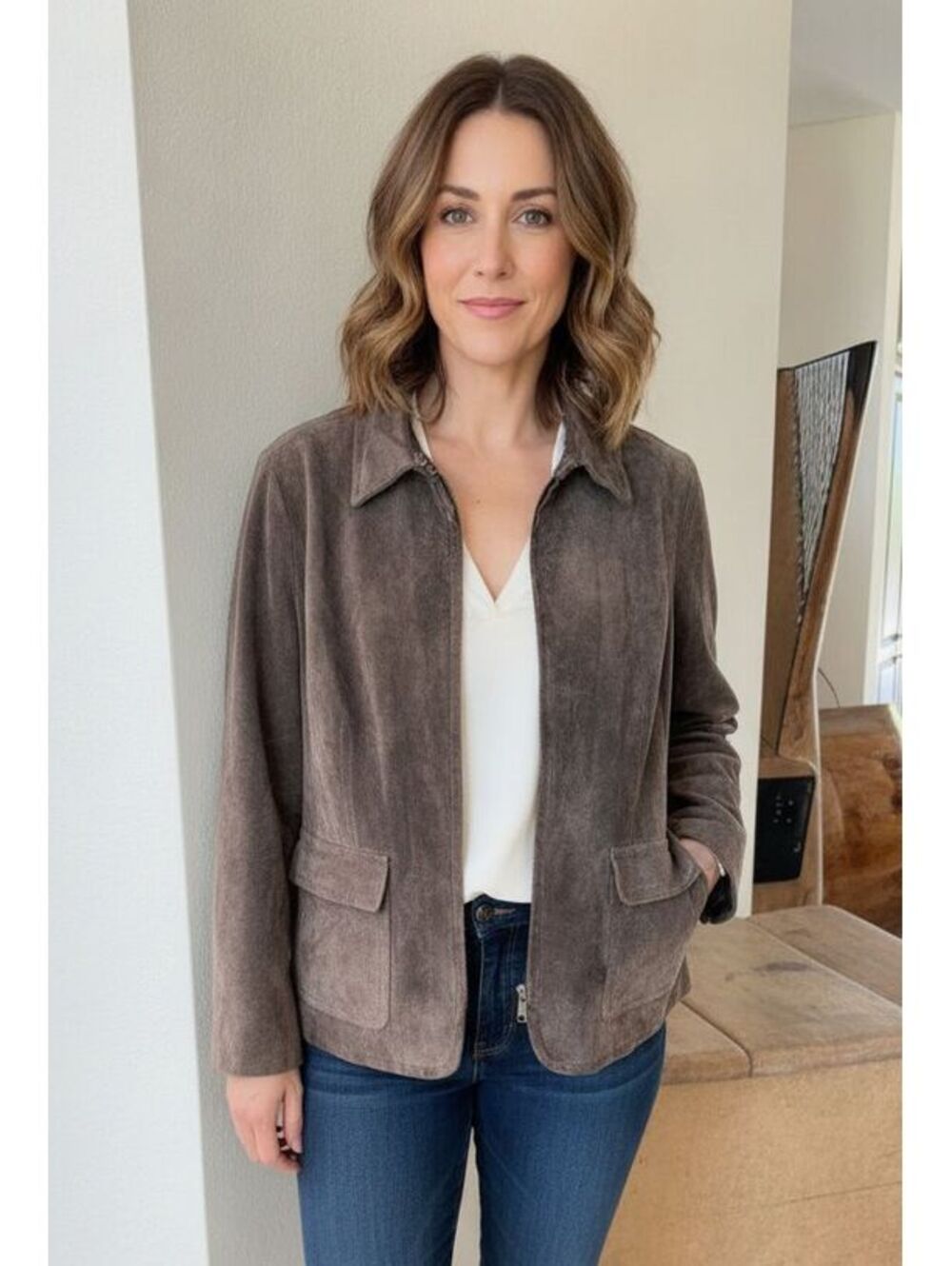 Vintage Liz Claiborne Chocolate Suede Zip Utility Jacket Petite L